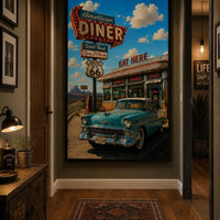 American Diner Route 66 Poster | Vintage Americana Wall Art | Retro Diner Print | Classic Car Garage Decor | 1950s Kitchen Poster