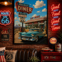 American Diner Route 66 Poster | Vintage Americana Wall Art | Retro Diner Print | Classic Car Garage Decor | 1950s Kitchen Poster