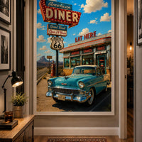 American Diner Route 66 Poster | Vintage Americana Wall Art | Retro Diner Print | Classic Car Garage Decor | 1950s Kitchen Poster
