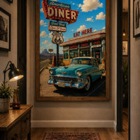 American Diner Route 66 Poster | Vintage Americana Wall Art | Retro Diner Print | Classic Car Garage Decor | 1950s Kitchen Poster