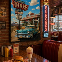 American Diner Route 66 Poster | Vintage Americana Wall Art | Retro Diner Print | Classic Car Garage Decor | 1950s Kitchen Poster