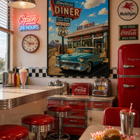 American Diner Route 66 Poster | Vintage Americana Wall Art | Retro Diner Print | Classic Car Garage Decor | 1950s Kitchen Poster
