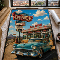 American Diner Route 66 Poster | Vintage Americana Wall Art | Retro Diner Print | Classic Car Garage Decor | 1950s Kitchen Poster