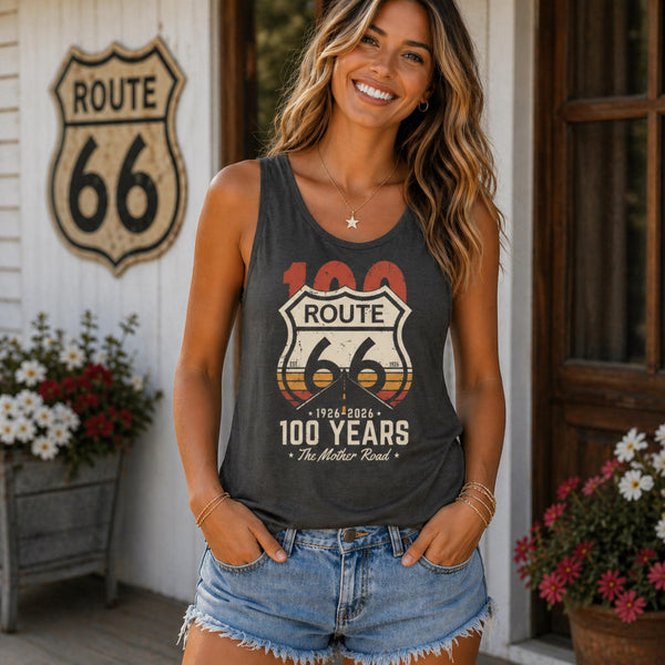 Route 66 Centennial Tank Top 1926 2026 Mother Road Shirt Vintage Americana Graphic Retro Road Trip Top USA Travel Gift Women