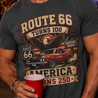 Route 66 Turns 100 America Turns 250 Shirt, Patriotic Route 66 Tee, Mother Road Shirt, Vintage Muscle Car USA Graphic Tee