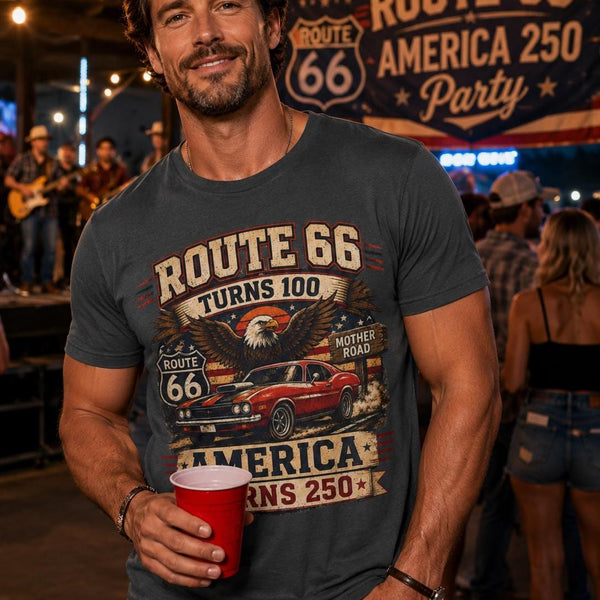 Route 66 Turns 100 America Turns 250 Shirt, Patriotic Route 66 Tee, Mother Road Shirt, Vintage Muscle Car USA Graphic Tee