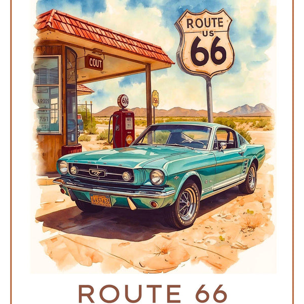 Route 66 Vintage Travel Poster | Retro Teal American Muscle Car & Gas Station Art Print