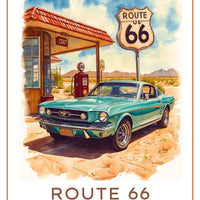 Route 66 Vintage Travel Poster | Retro Teal American Muscle Car & Gas Station Art Print