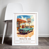 Route 66 Vintage Travel Poster | Retro Teal American Muscle Car & Gas Station Art Print