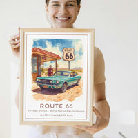 Route 66 Vintage Travel Poster | Retro Teal American Muscle Car & Gas Station Art Print