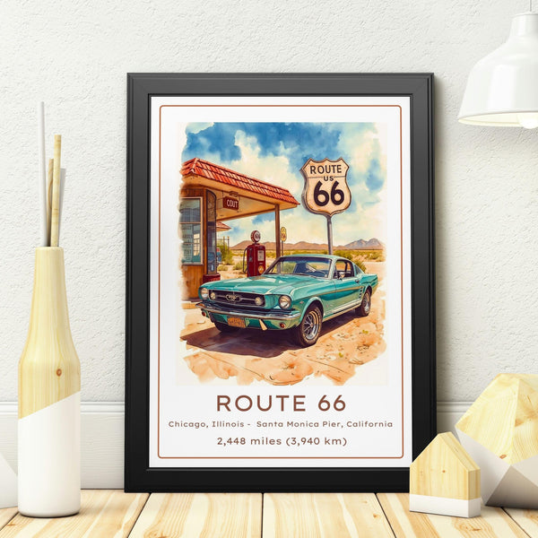 Route 66 Vintage Travel Poster | Retro Teal American Muscle Car & Gas Station Art Print