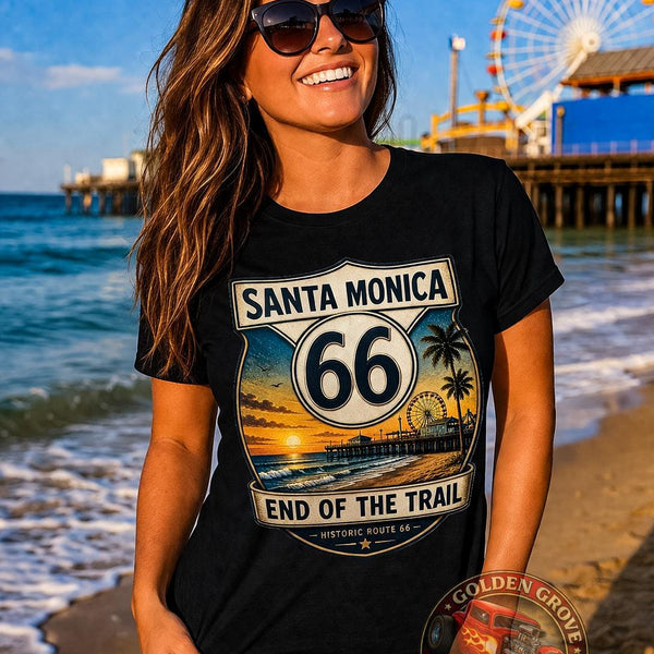 Route 66 Santa Monica Shirt | End of the Trail Tee | Vintage Beach Sunset Graphic | Road Trip Travel Shirt | California Gift | Unisex Tee