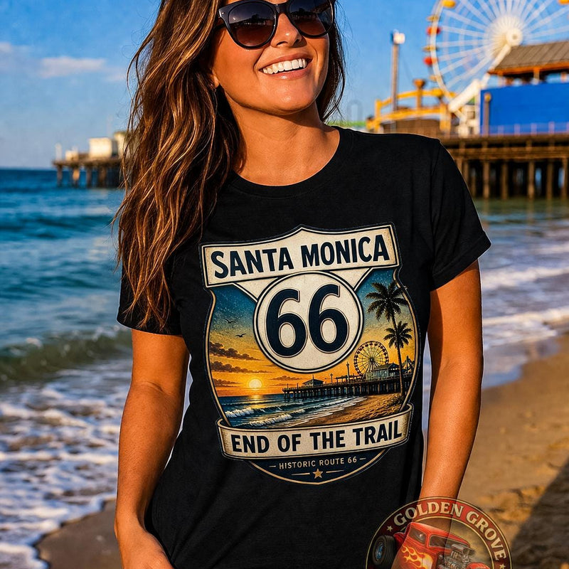 Route 66 Santa Monica Shirt | End of the Trail Tee | Vintage Beach Sunset Graphic | Road Trip Travel Shirt | California Gift | Unisex Tee