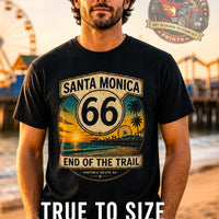 Route 66 Santa Monica Shirt | End of the Trail Tee | Vintage Beach Sunset Graphic | Road Trip Travel Shirt | California Gift | Unisex Tee