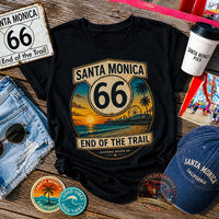 Route 66 Santa Monica Shirt | End of the Trail Tee | Vintage Beach Sunset Graphic | Road Trip Travel Shirt | California Gift | Unisex Tee