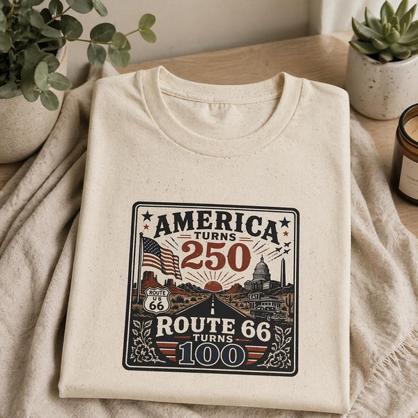 America Turns 250 Shirt - Route 66 Turns 100 Tee - Patriotic Vintage USA Shirt 1776-2026 - Retro Road Trip Americana Graphic Tee