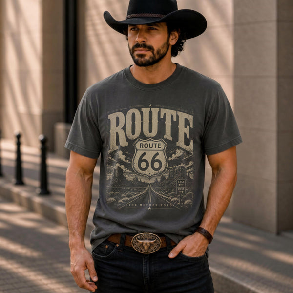 Route 66 Western Graphic Tee Vintage Cowboy Shirt Distressed Route 66 T Shirt Comfort Colors 1717 Pepper Retro Road Trip Tee