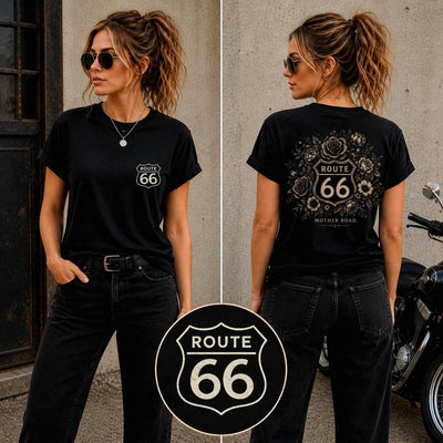 Route 66 Floral Shield T-Shirt | Mother Road Vintage Highway Design