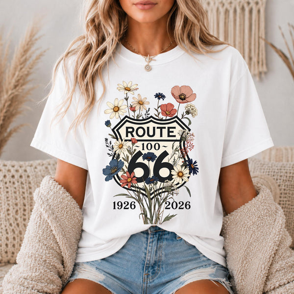 Route 66 100 Years Shirt Floral Route 66 Tee Vintage Highway 66 Shirt Centennial Road Trip Gift Wildflower Graphic Tee Dark Aesthetic