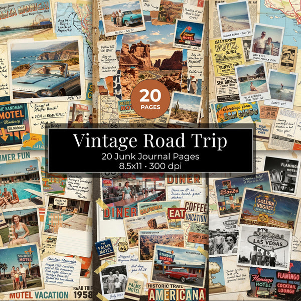Retro Travel Journal, Vintage Desert Highway Collage, Route 66 Road Trip Digital Paper, USA Americana Ephemera Printable