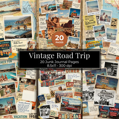 Retro Travel Journal, Vintage Desert Highway Collage, Route 66 Road Trip Digital Paper, USA Americana Ephemera Printable