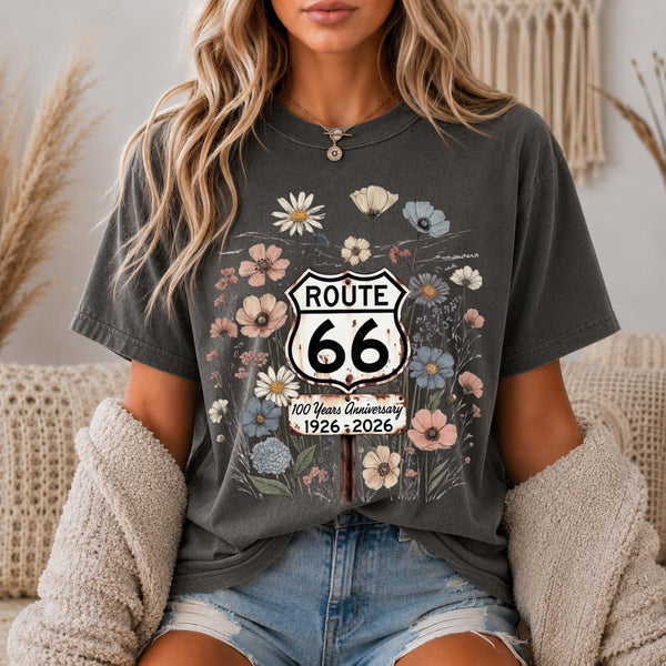 Route 66 100 Years Shirt Centennial Anniversary Tee Floral Route 66 Shirt Vintage Highway 66 Graphic Tee Road Trip Gift