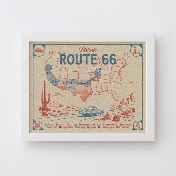 Route 66 Map Art Print - Vintage Road Trip Wall Decor, Americana Travel Poster, Southwest Route 66 Gift
