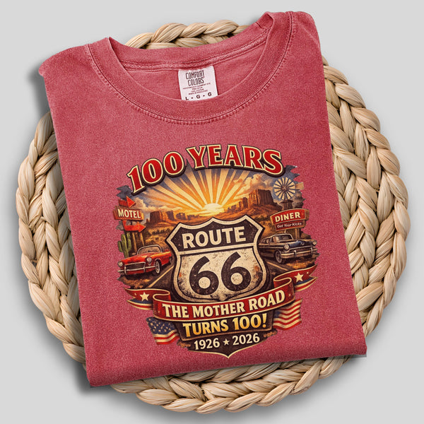 Route 66 One Hundred Years design T-Shirt | Cotton celebration Tee for The Mother Road 1926-2026