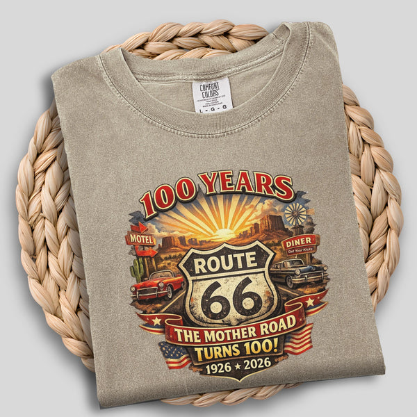 Route 66 One Hundred Years design T-Shirt | Cotton celebration Tee for The Mother Road 1926-2026