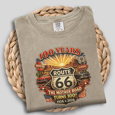 Route 66 One Hundred Years design T-Shirt | Cotton celebration Tee for The Mother Road 1926-2026