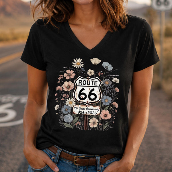 Route 66 Floral V Neck Shirt 100 Years Anniversary Tee Vintage Route 66 Wildflower Shirt Road Trip Gift 1926 2026 Tee