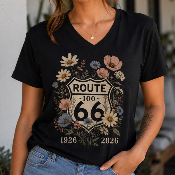 Route 66 Floral V Neck Shirt 100 Years Tee Vintage Route 66 Shirt Wildflower Highway Tee Road Trip Gift 1926-2026 Centennial Road trip Shirt