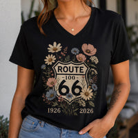Route 66 Floral V Neck Shirt 100 Years Tee Vintage Route 66 Shirt Wildflower Highway Tee Road Trip Gift 1926-2026 Centennial Road trip Shirt