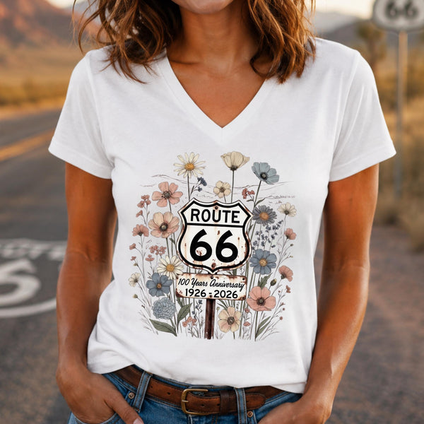 Route 66 Floral V Neck Shirt 100 Years Anniversary Tee Vintage Route 66 Wildflower Shirt Road Trip Gift 1926 2026 Tee