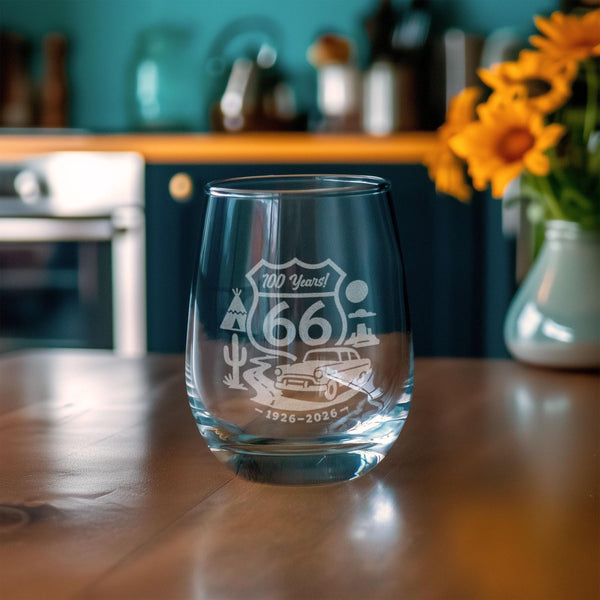 Route 66 Centennial Glass | 100 Years of the Mother Road Etched Whiskey, Beer, and Wine Glasses, Vintage Road Trip Barware Gift 1926–2026