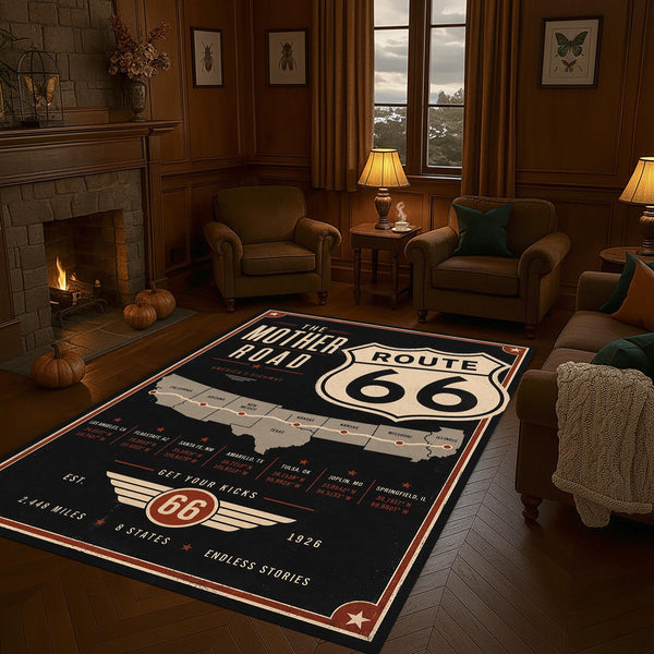 The Mother Road Rug, Route 66 Rug Highway Map Carpet Americana Wall Art Style