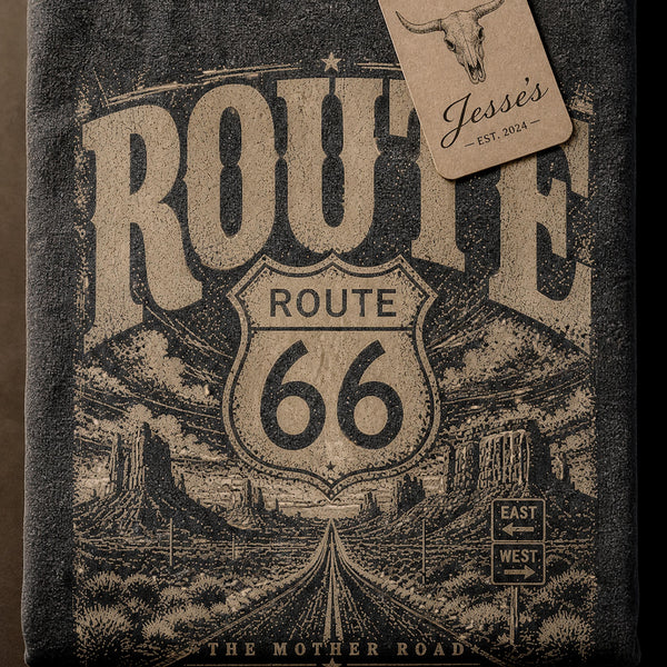 Route 66 Western Graphic Tee Vintage Cowboy Shirt Distressed Route 66 T Shirt Comfort Colors 1717 Pepper Retro Road Trip Tee