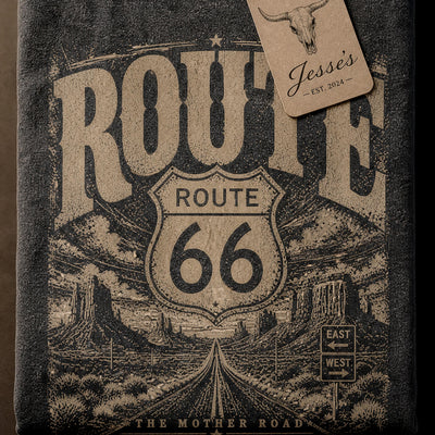 Route 66 Western Graphic Tee Vintage Cowboy Shirt Distressed Route 66 T Shirt Comfort Colors 1717 Pepper Retro Road Trip Tee