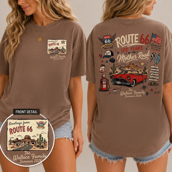 Custom Route 66 Centennial Comfort Colors Shirt, 100 Years of the Mother Road Tee, Road Trip Shirt, Family Vacation Route 66 Travel Gift