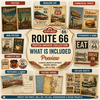 Vintage Route 66 Poster Archive Collection, Retro Americana Travel Ads, Motel Diner Gas Station Ephemera Set