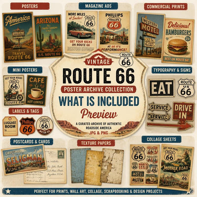 Vintage Route 66 Poster Archive Collection, Retro Americana Travel Ads, Motel Diner Gas Station Ephemera Set