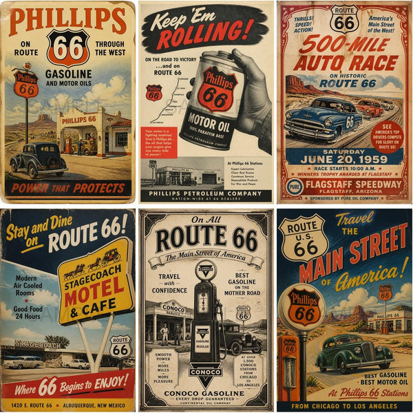 Vintage Route 66 Poster Archive Collection, Retro Americana Travel Ads, Motel Diner Gas Station Ephemera Set