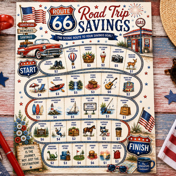 Route 66 Savings Challenge Printable | Road Trip Cash Stuffing Game | Patriotic Summer Budget Tracker | Vacation Savings PDF