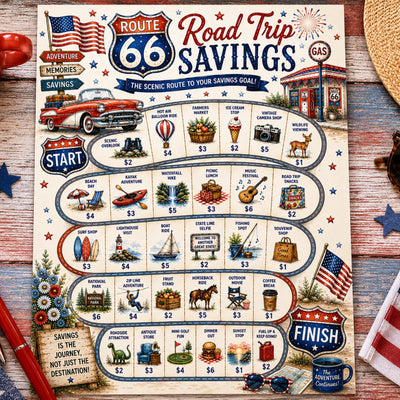 Route 66 Savings Challenge Printable | Road Trip Cash Stuffing Game | Patriotic Summer Budget Tracker | Vacation Savings PDF