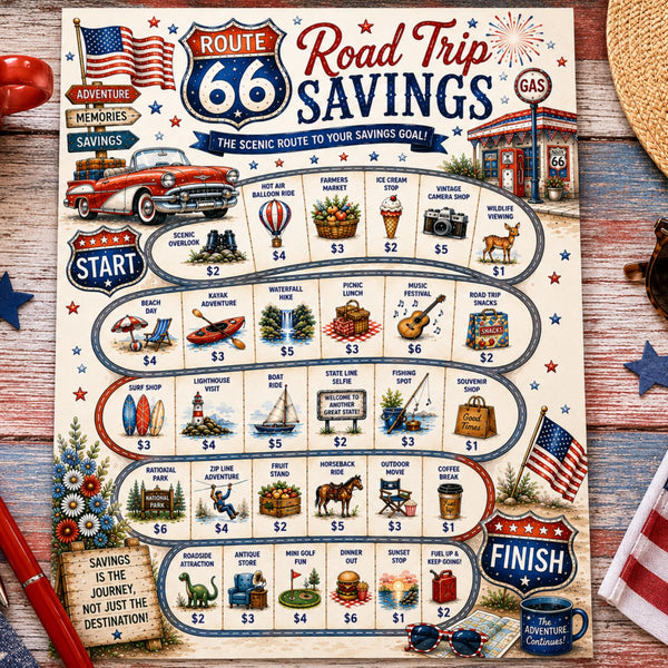 Route 66 Savings Challenge Printable | Road Trip Cash Stuffing Game | Patriotic Summer Budget Tracker | Vacation Savings PDF