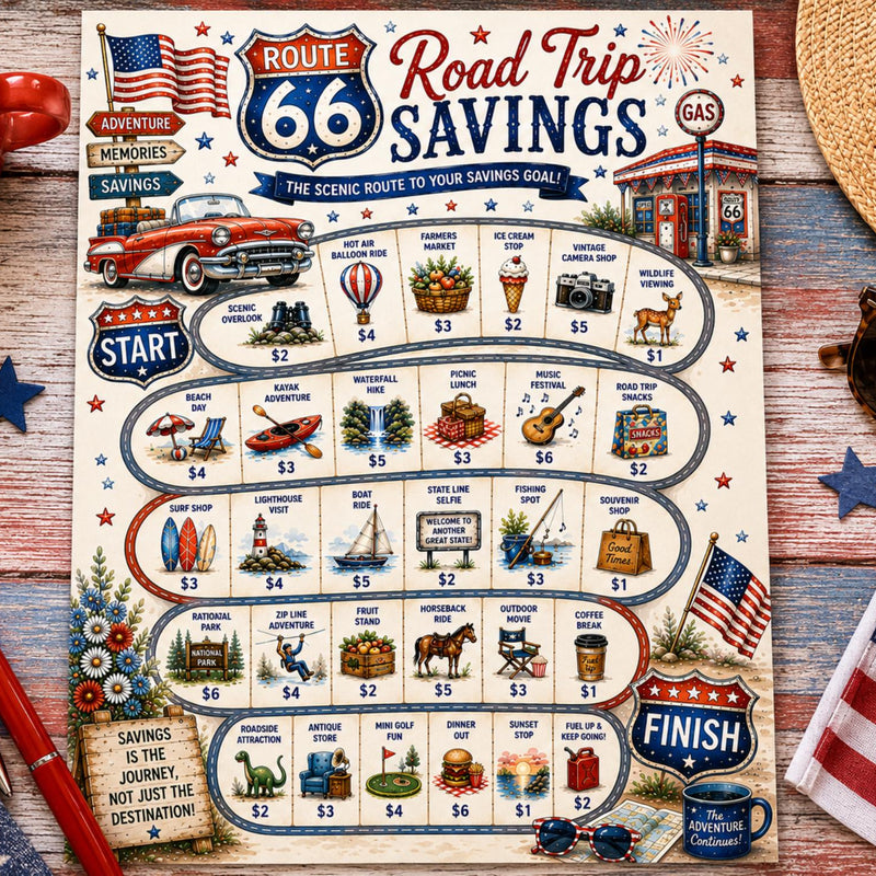 Route 66 Savings Challenge Printable | Road Trip Cash Stuffing Game | Patriotic Summer Budget Tracker | Vacation Savings PDF