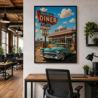 American Diner Route 66 Poster | Vintage Americana Wall Art | Retro Diner Print | Classic Car Garage Decor | 1950s Kitchen Poster