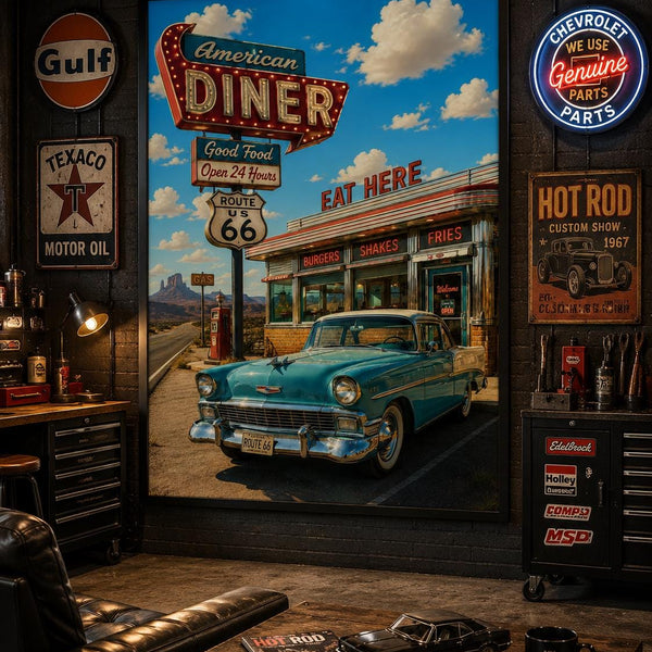 American Diner Route 66 Poster | Vintage Americana Wall Art | Retro Diner Print | Classic Car Garage Decor | 1950s Kitchen Poster