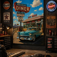 American Diner Route 66 Poster | Vintage Americana Wall Art | Retro Diner Print | Classic Car Garage Decor | 1950s Kitchen Poster