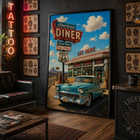 American Diner Route 66 Poster | Vintage Americana Wall Art | Retro Diner Print | Classic Car Garage Decor | 1950s Kitchen Poster